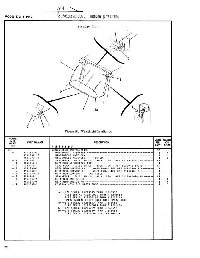 Illustrated parts diagram for 0413530-1 (COVER-WINDHIELD UPPER EDGE), IPC page 198
